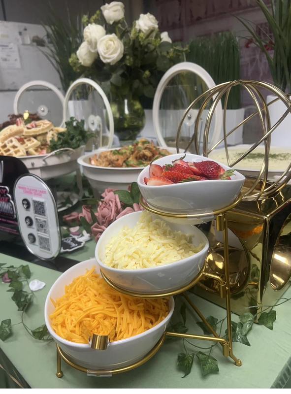 Brunch Cheese and Fruit Display Flavor and Flair Catering brunch tiered cheese and fresh fruit display in gold accent stand