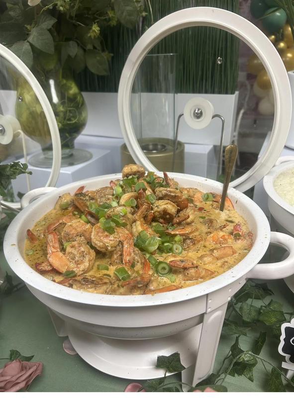 Brunch Shrimp and Grits Flavor and Flair Catering brunch shrimp and grits in elegant white chafing dish
