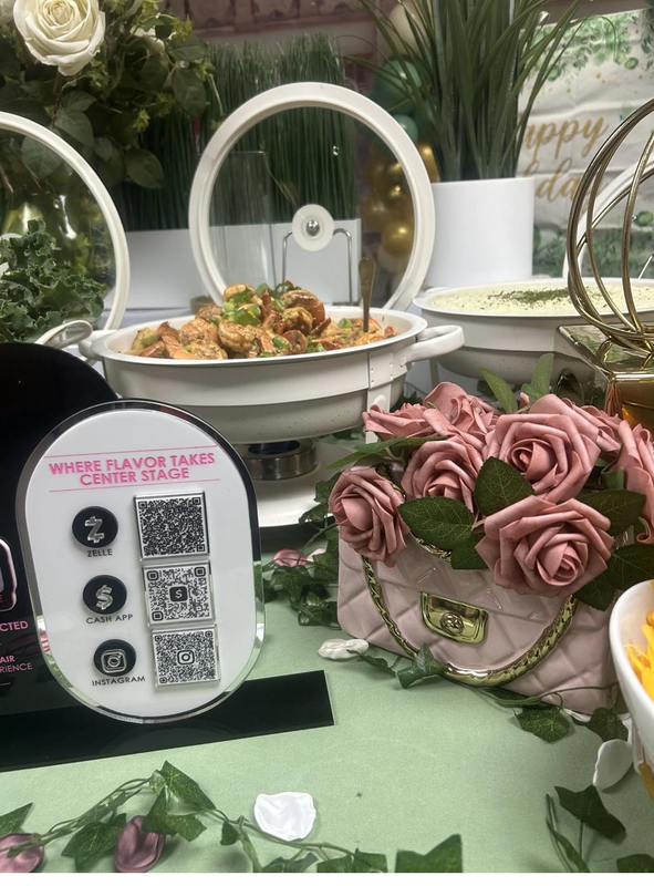 Brunch Shrimp and Branding Flavor and Flair Catering brunch display with shrimp dish and pink roses