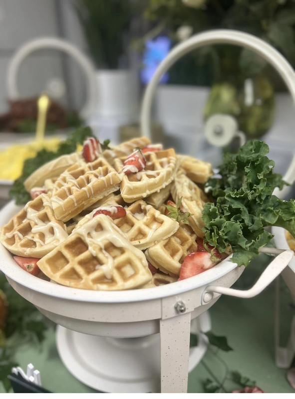 Brunch Strawberry Waffle Flavor and Flair Catering brunch fresh strawberry waffles in elegant white tiered stand