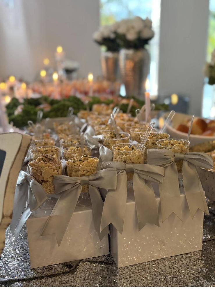 Gourmet Individual Servings Flavor and Flair Catering individual gourmet servings tied with elegant grey ribbons